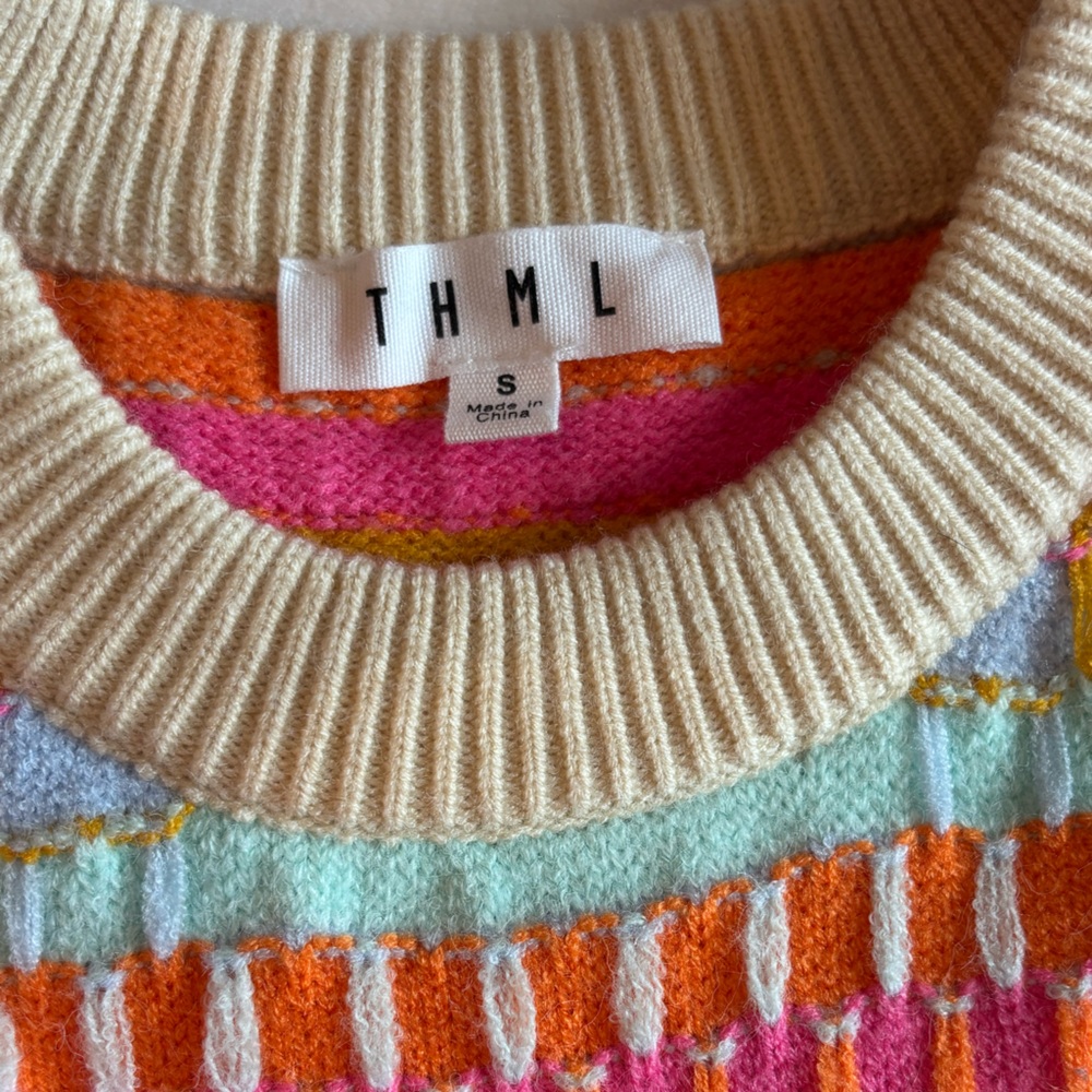 THML Sweater Knit Crochet Pattern Vibrant Rainbow Quarter Sleeve Size S - Picture 6 of 8